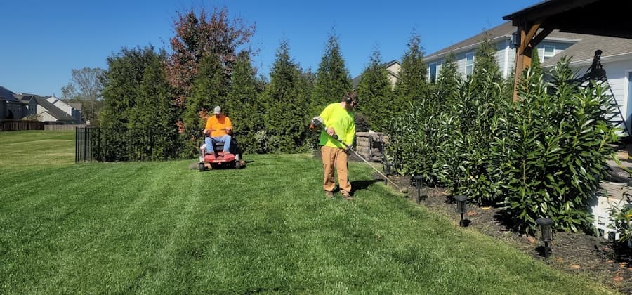 Lawn care crew mowing and edging a green backyard